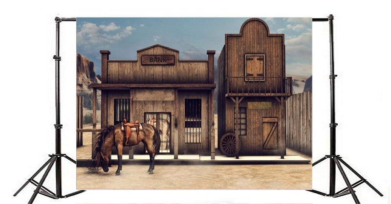 AOFOTO 8x6ft Retro Western Bank Town Photography Backdrop Vintage Rustic Wood House Horse Scene Barn Cabin Saloon Old West Theme Party Decoration Background Boy Men Cowboy Photoshoot Studio Props - Image 4